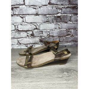 Taos Gold Brown Leather Ankle Strap Cork Wedge Sandals Women Sz 42EU/11M US